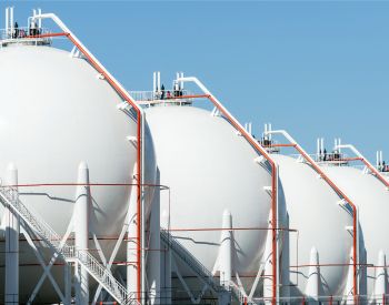 Getty Images 1143238367 - LPG gas storage sphere tanks with blue sky background